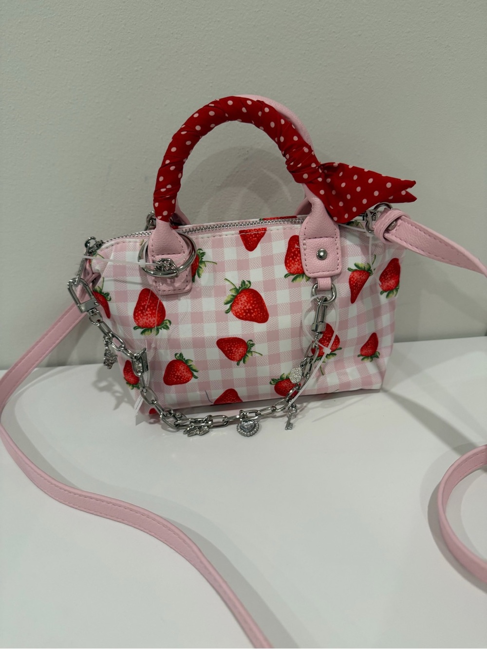 Pink Strawberry Print Crossbody Bag